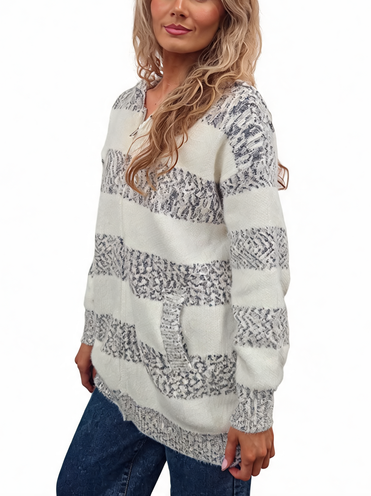Cream knit hoodie with gray striped pattern, hood, and kangaroo pocket