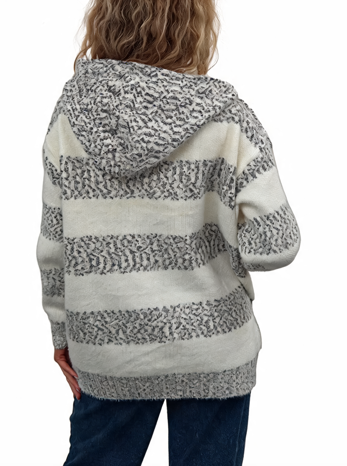 Cream knit hoodie with gray striped bands and hood, kangaroo pocket, back view