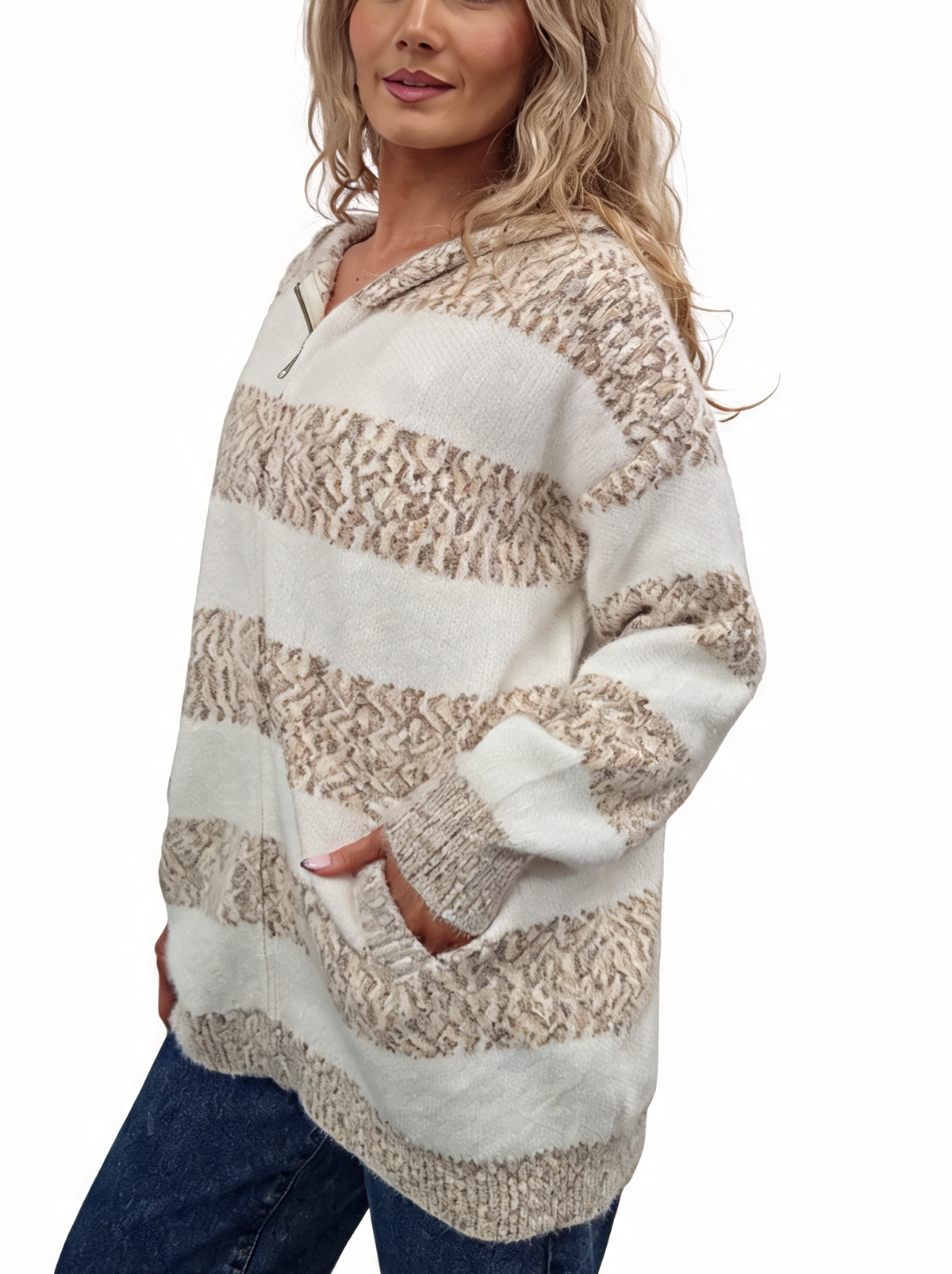 Cream knit hoodie with tan striped pattern, hood, and front kangaroo pocket