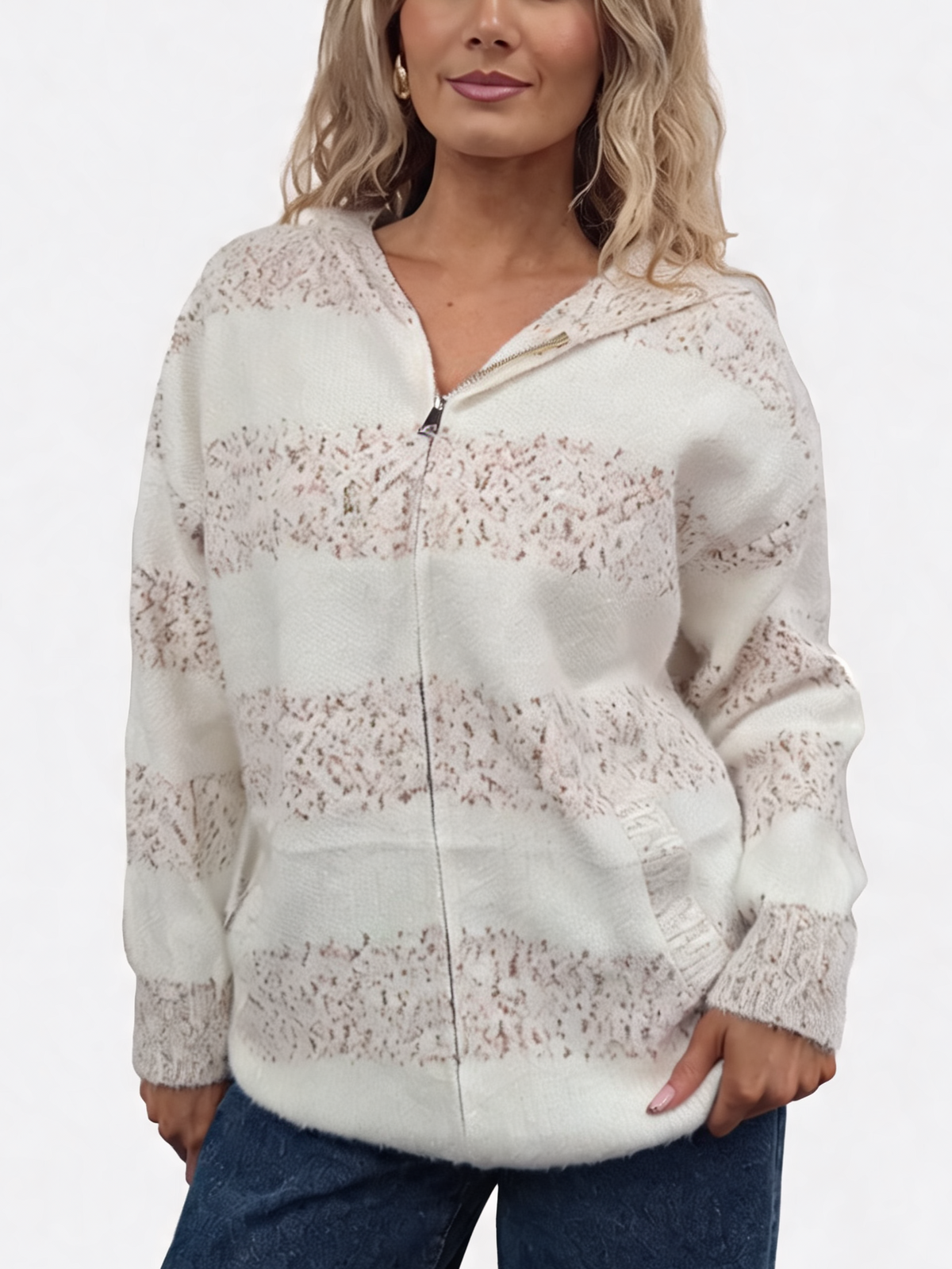 Fluffy striped zip-up knit hoodie in off-white with speckled pattern, hood, kangaroo pocket