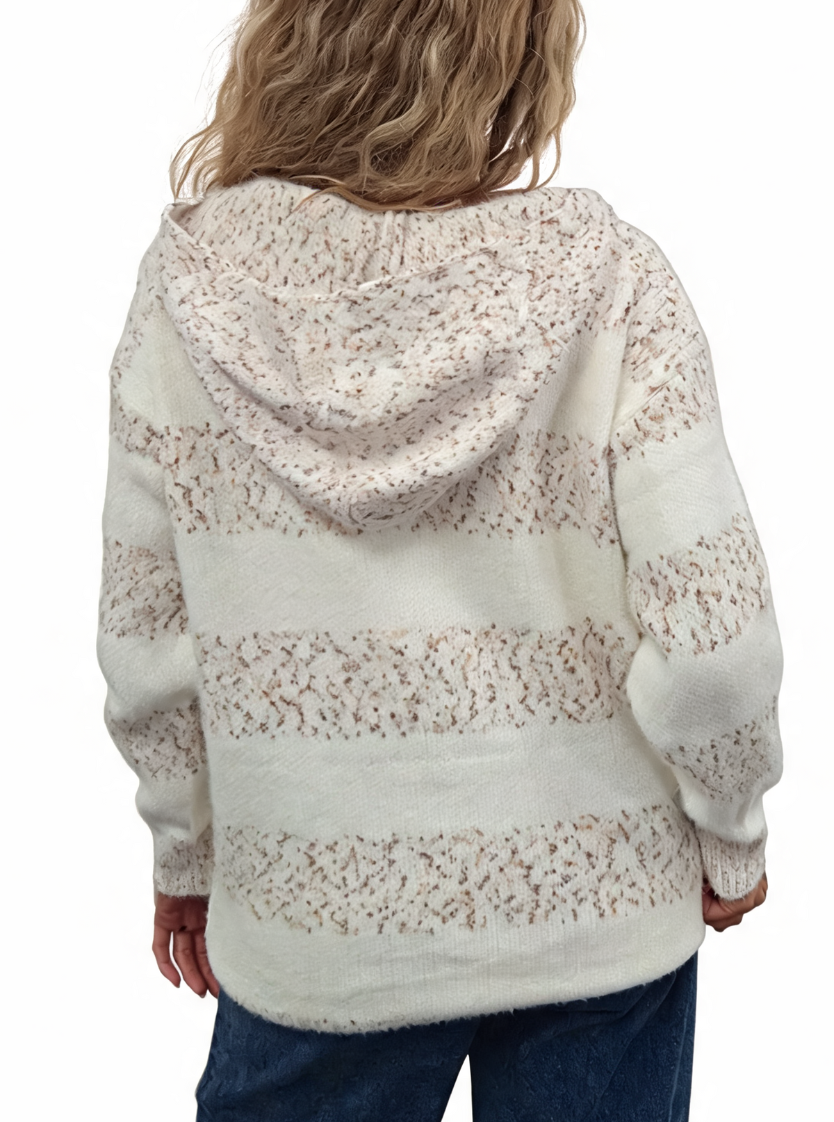 Fluffy striped zip-up knit hoodie back in off-white with speckled stripes, hood