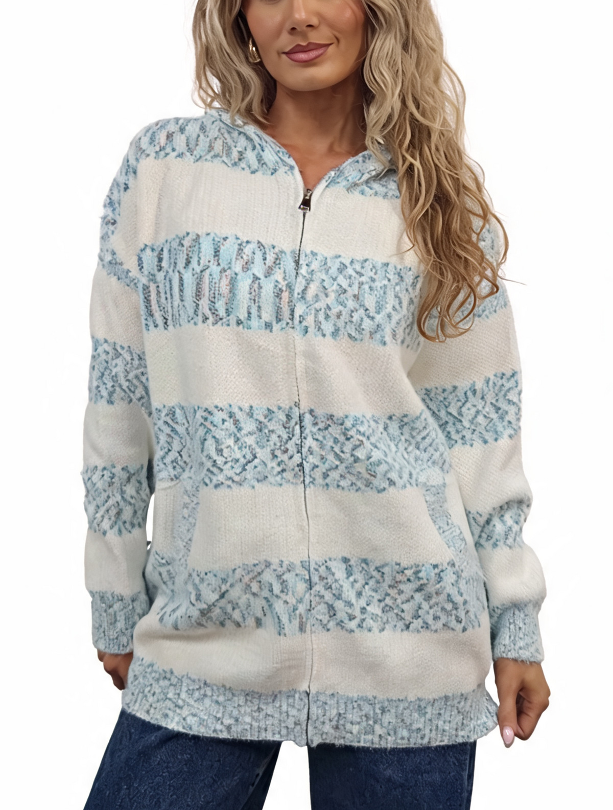 Fluffy striped zip-up knit hoodie in sky blue and cream speckled stripes, hood, kangaroo pocket