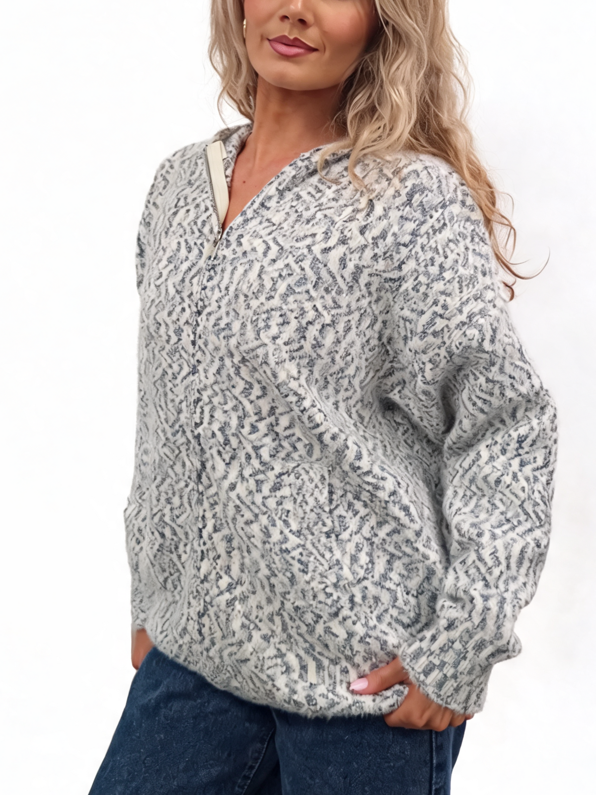 Fluffy marl-knit zip-up hoodie in speckled gray-white, hooded with front pockets