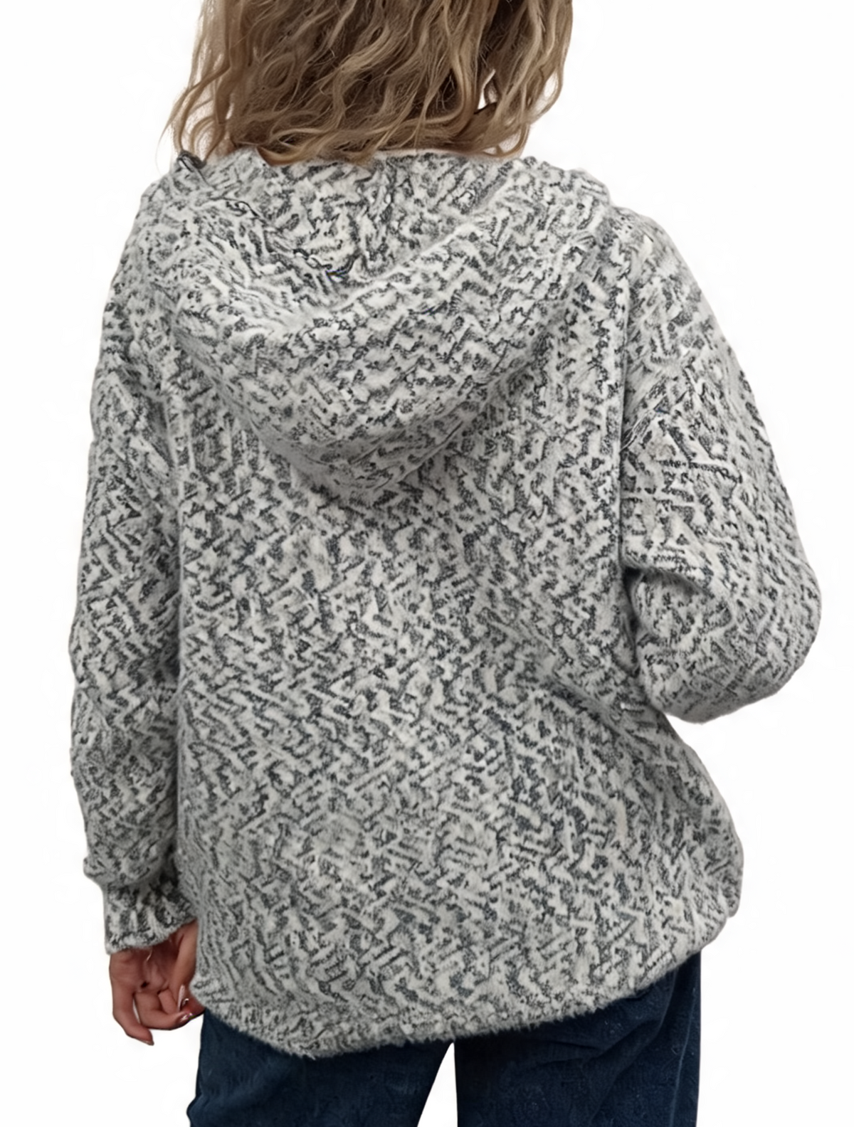 Fluffy marl-knit zip-up hoodie in speckled gray-white, back view with hood