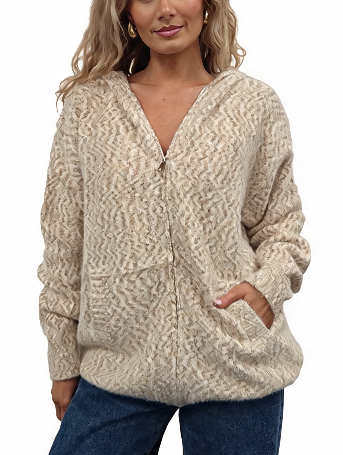 Fluffy marl-knit zip-up hoodie in light beige, hood and front pouch pockets