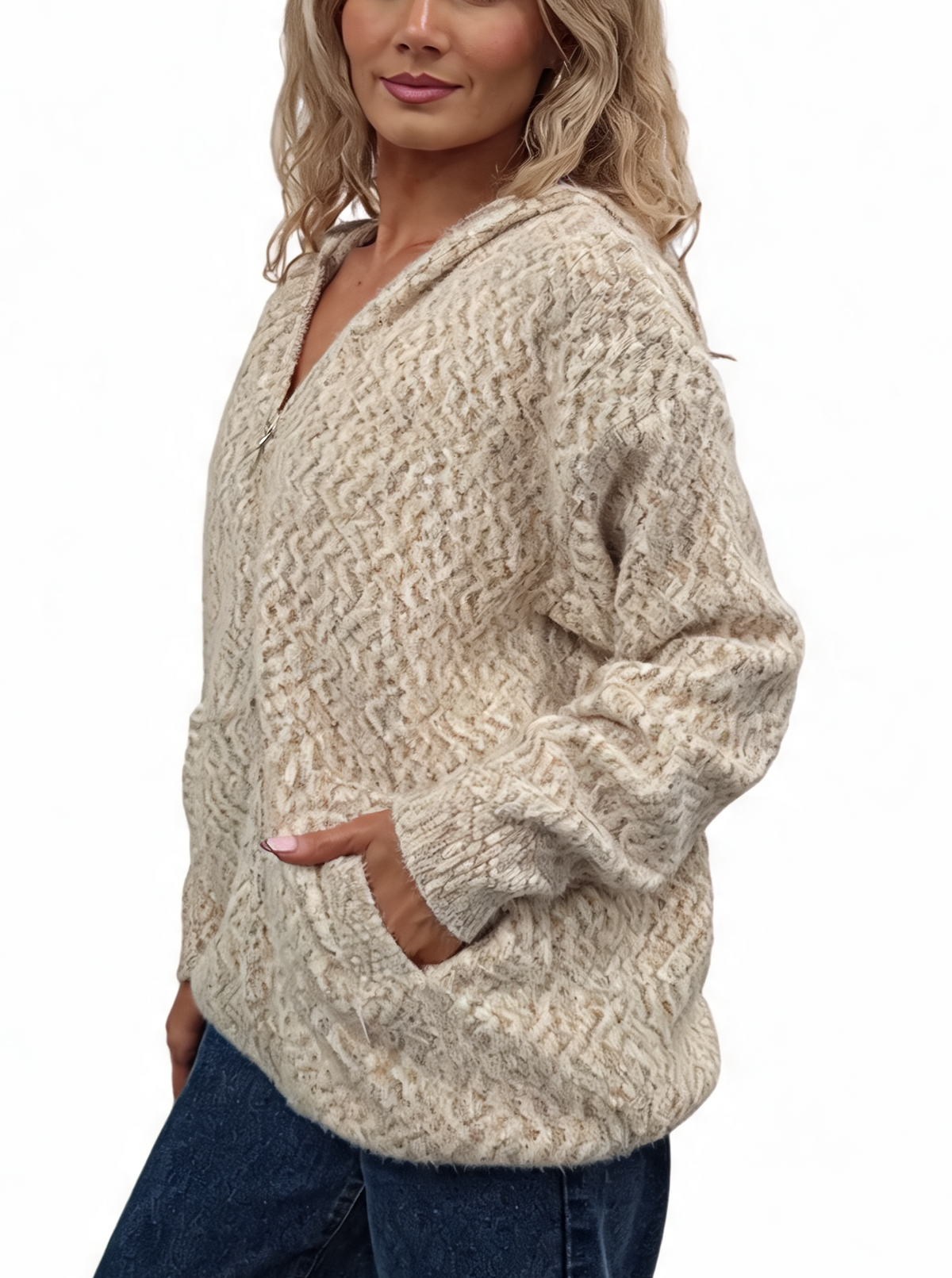 Fluffy marl-knit zip-up hoodie in cream, front zipper and front pouch pockets