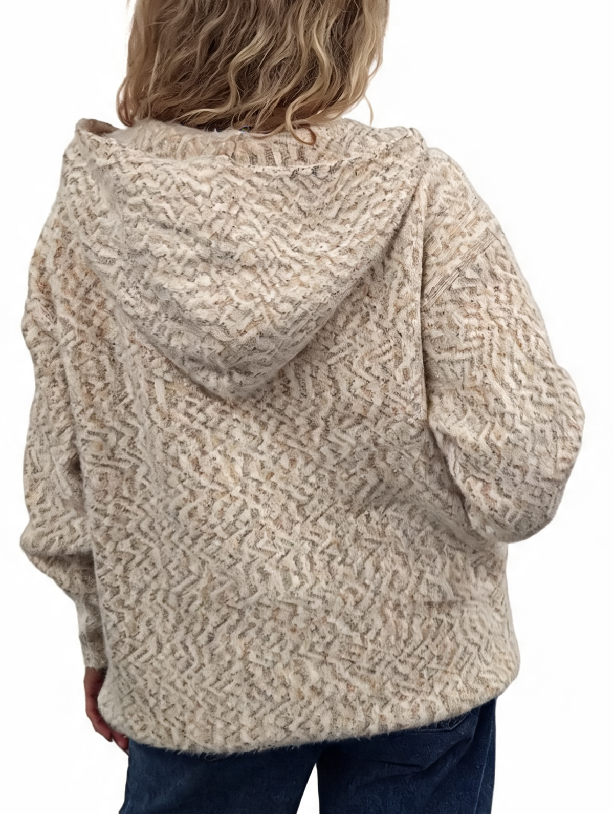 Fluffy marl-knit zip-up hoodie in cream, back view with hood and full sleeves