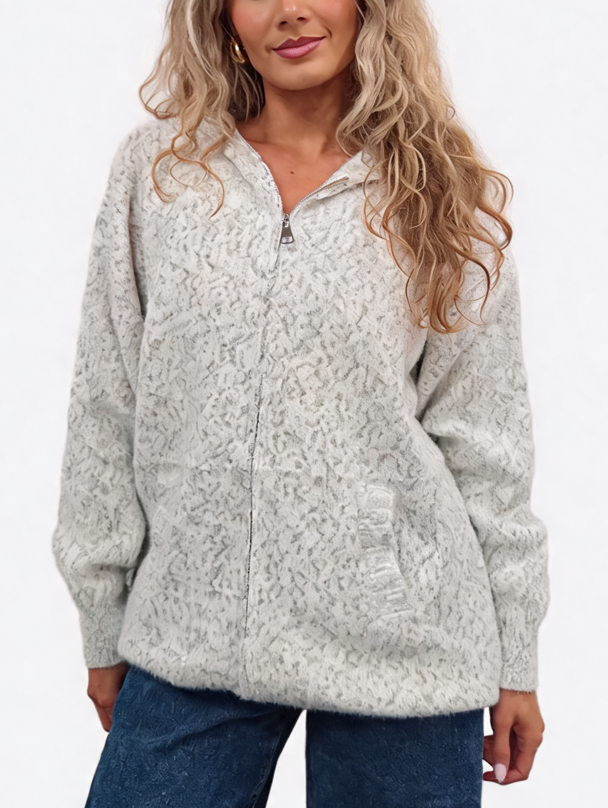Fluffy marl-knit zip-up hoodie in light gray-white, zip front and front pouch pockets