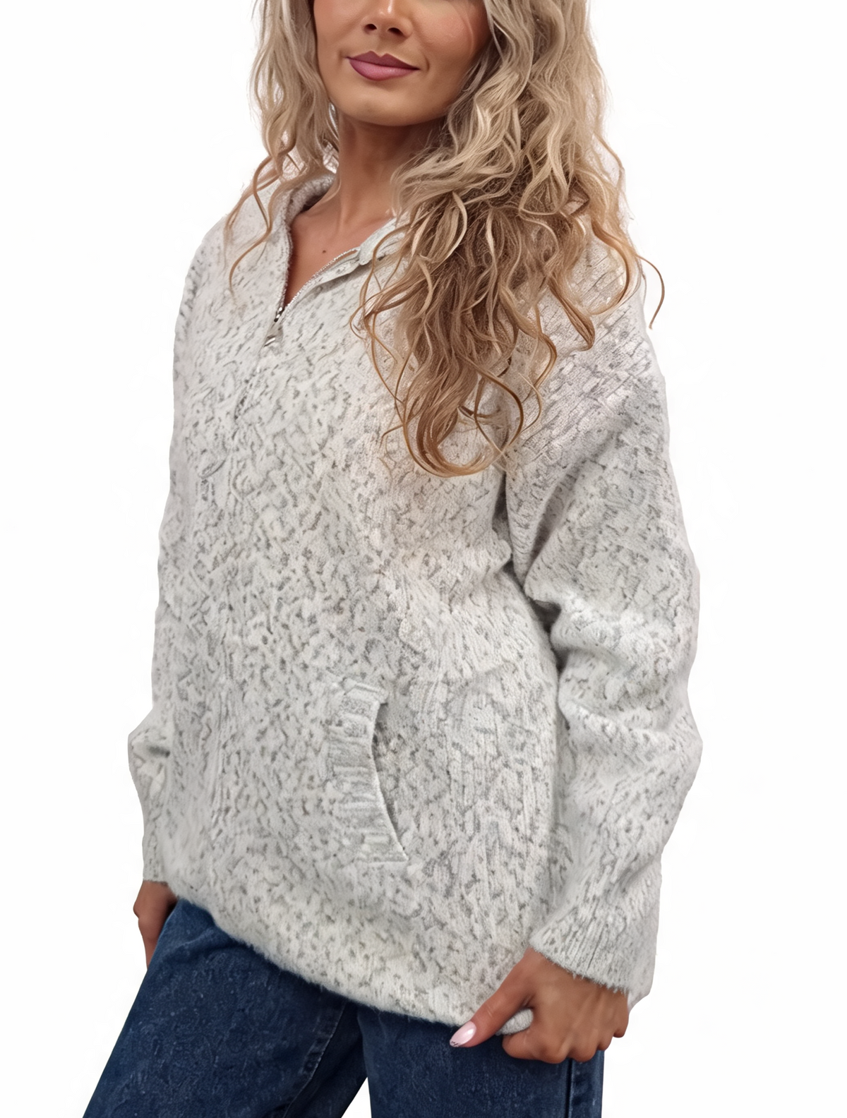 Fluffy marl-knit zip-up hoodie in light gray-white, front view with zip and pockets