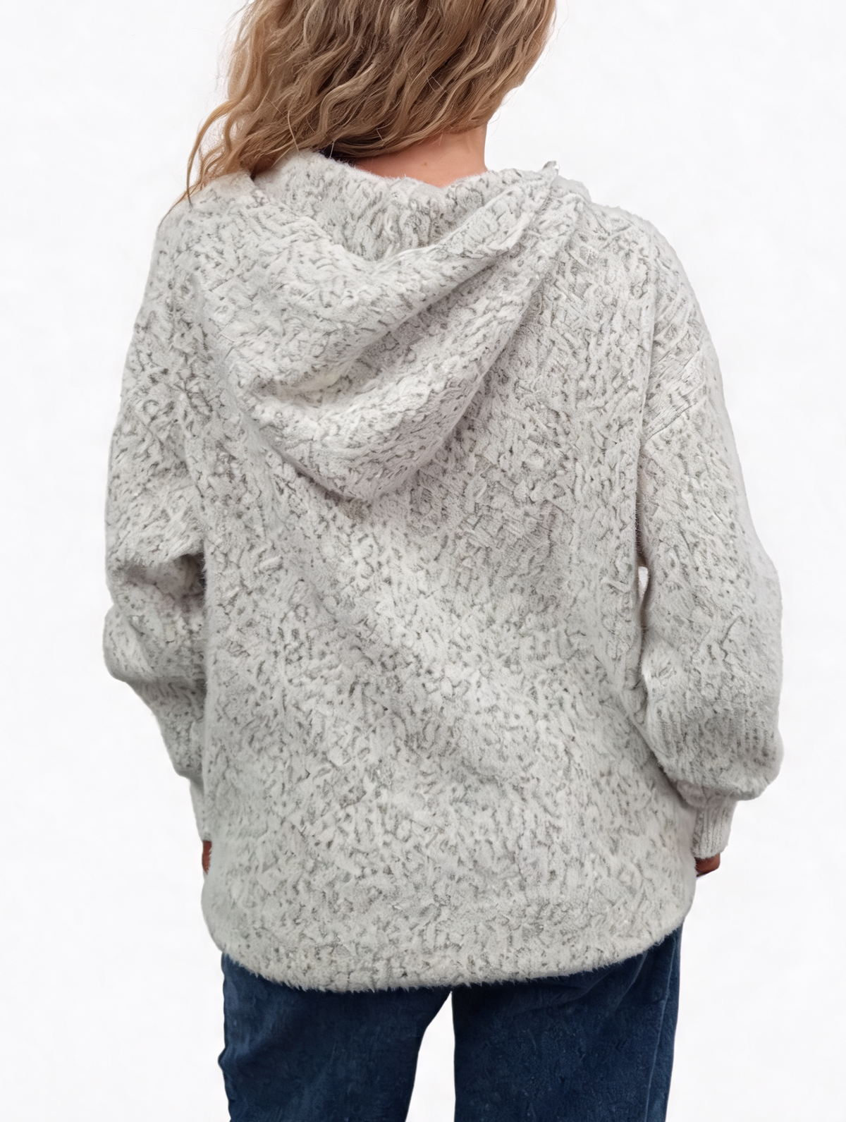 Fluffy marl-knit zip-up hoodie in white, back view with hood and ribbed cuffs