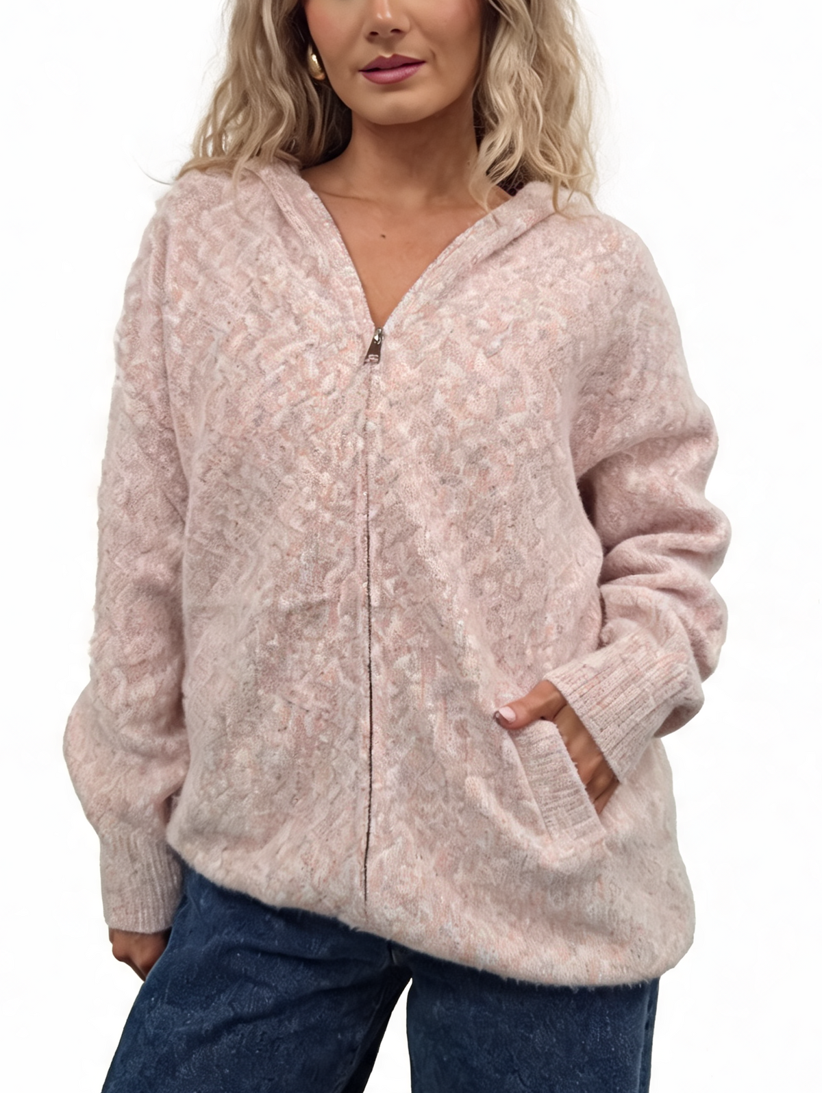 Fluffy marl-knit zip-up hoodie in blush pink, hood and front pouch pockets