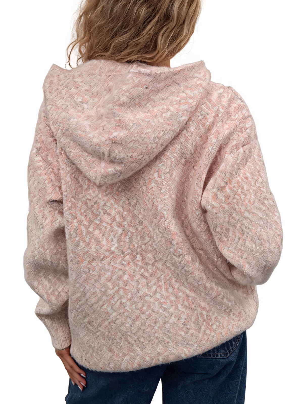 Fluffy marl-knit zip-up hoodie in blush pink, back view with hood