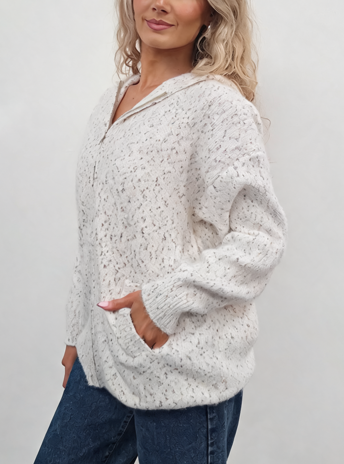 Fluffy marl-knit zip-up hoodie in white, side view with zip front and front pouch pocket