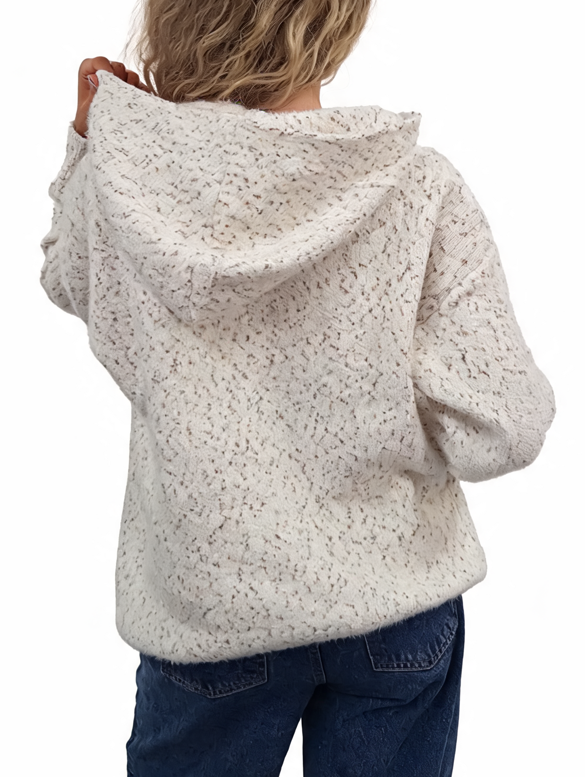 Fluffy marl-knit zip-up hoodie in speckled white, hooded with front pockets