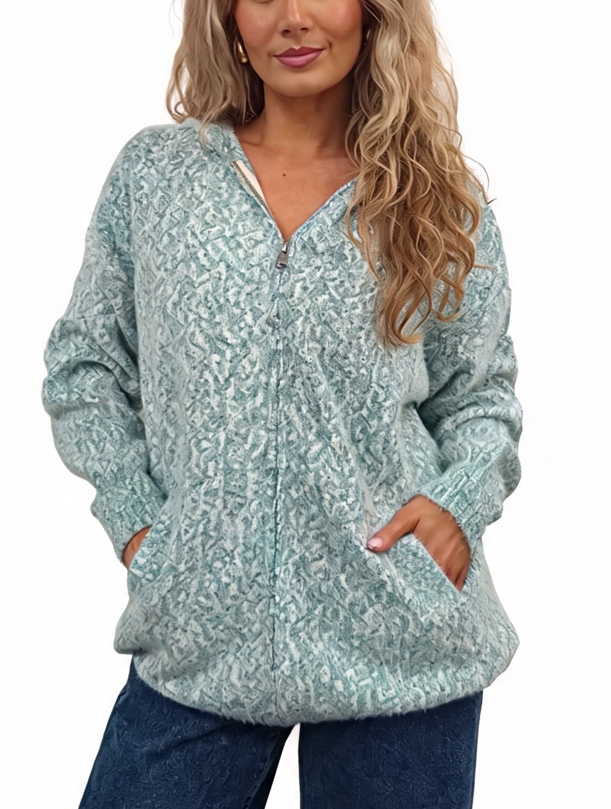 Fluffy marl-knit zip-up hoodie in speckled teal, hooded with front pockets