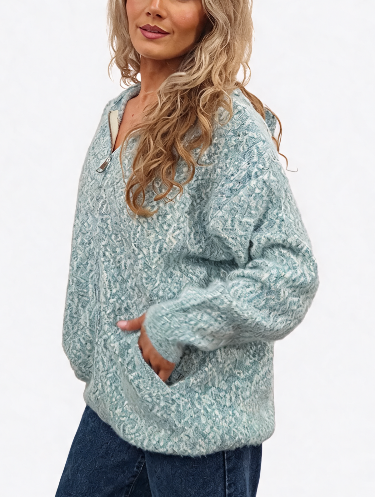 Fluffy marl-knit zip-up hoodie in speckled teal with hood and front pockets