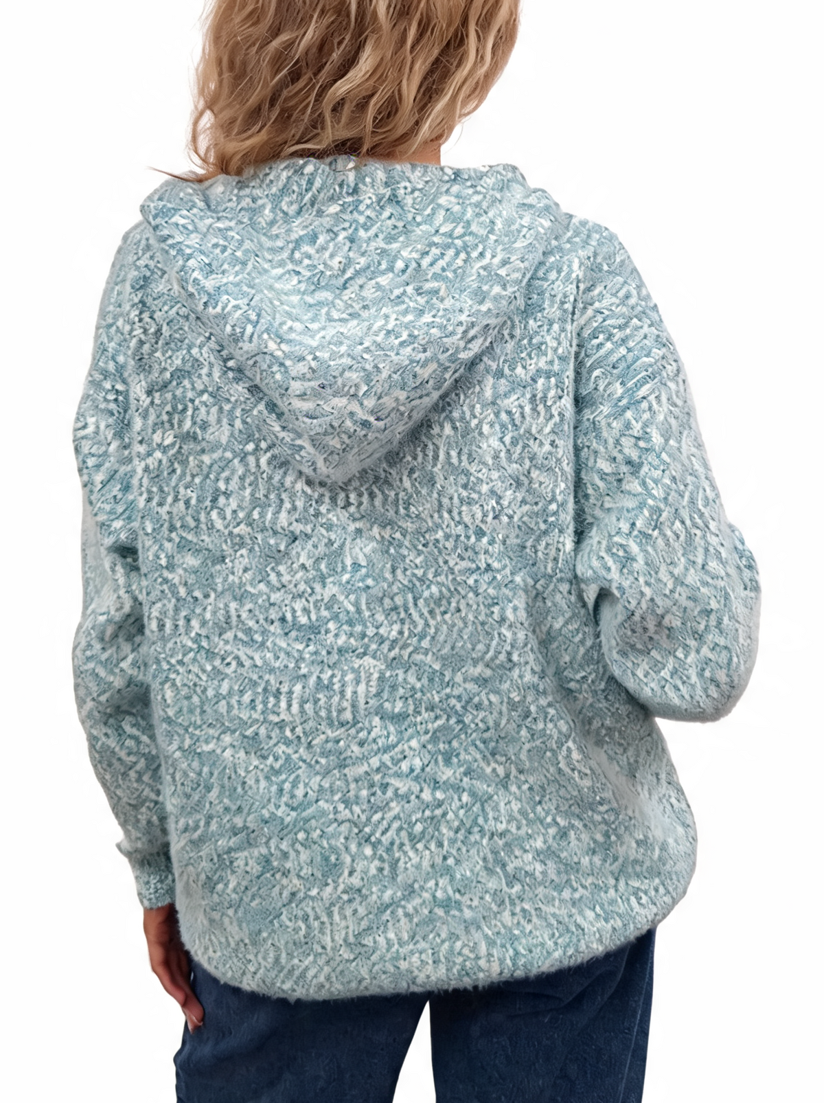 Fluffy marl-knit zip-up hoodie in speckled teal, back view with hood