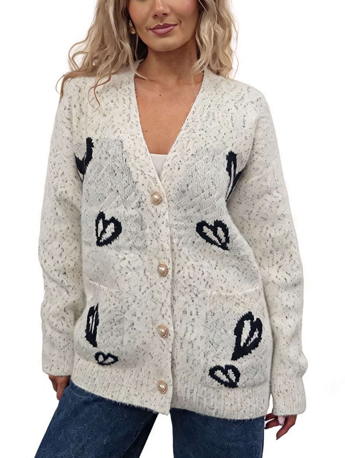 Cream fluffy knit oversized cardigan with V-neck, pearl buttons, and navy heart patch pockets
