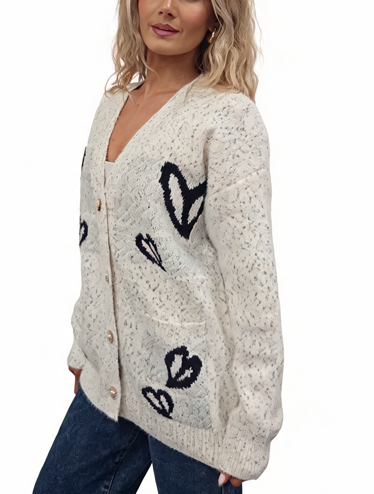 Oversized heart-knit cardigan, cream knit with blue heart motifs and button front