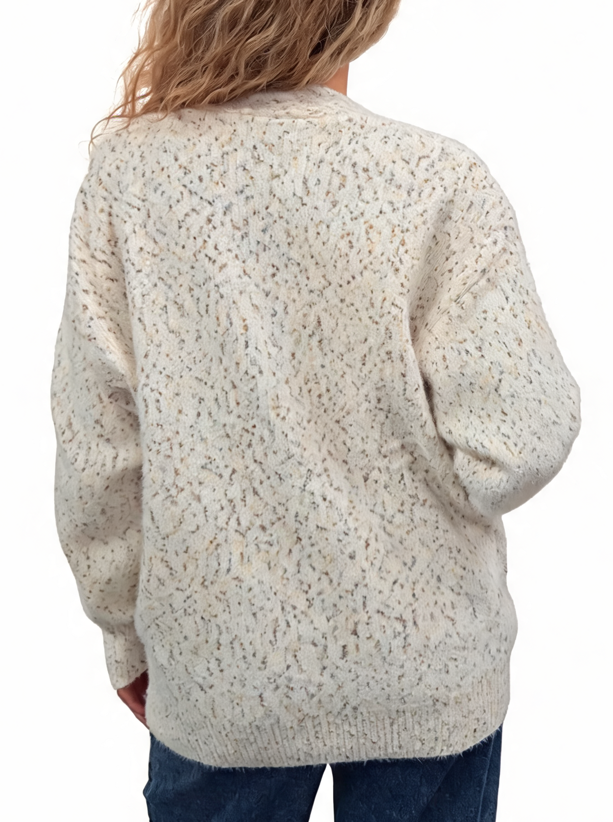 Cream speckled fluffy knit cardigan back view with V-neckline and button placket