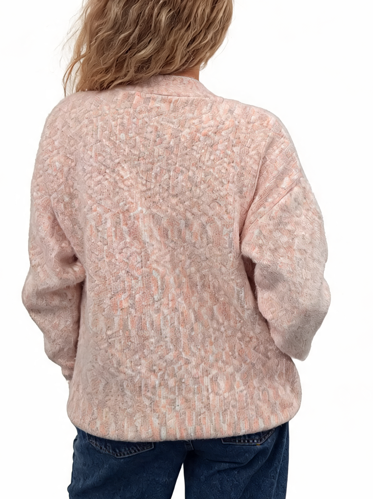 Pink speckled fluffy knit cardigan back view with relaxed fit and ribbed cuff