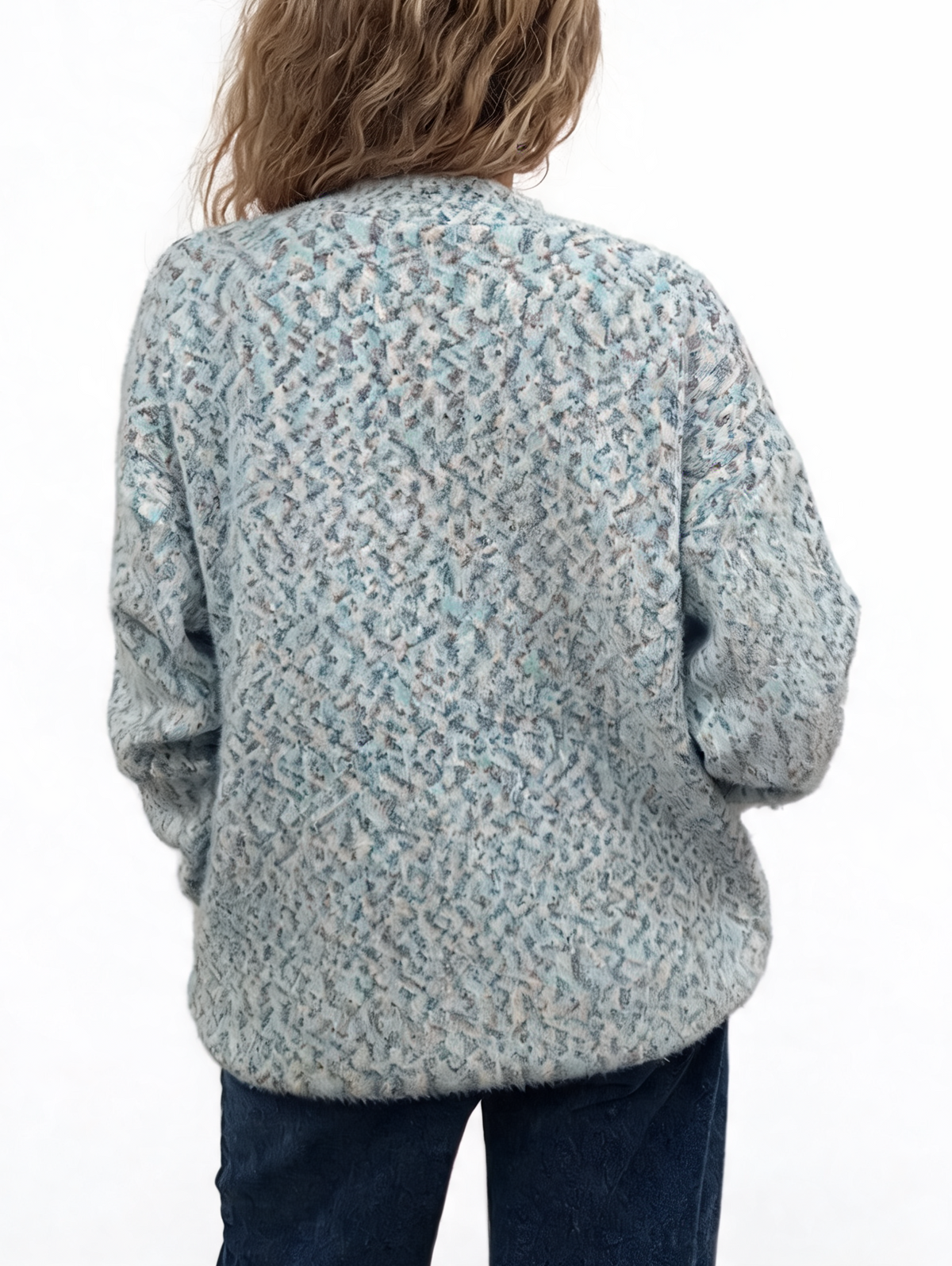 Light blue speckled fluffy knit cardigan back view with relaxed fit and ribbed hem