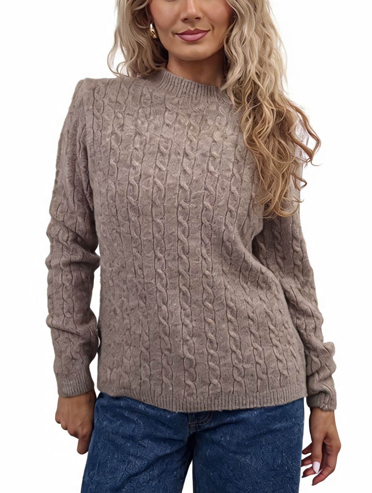 Taupe cable-knit crew neck jumper with textured cable pattern and long sleeves
