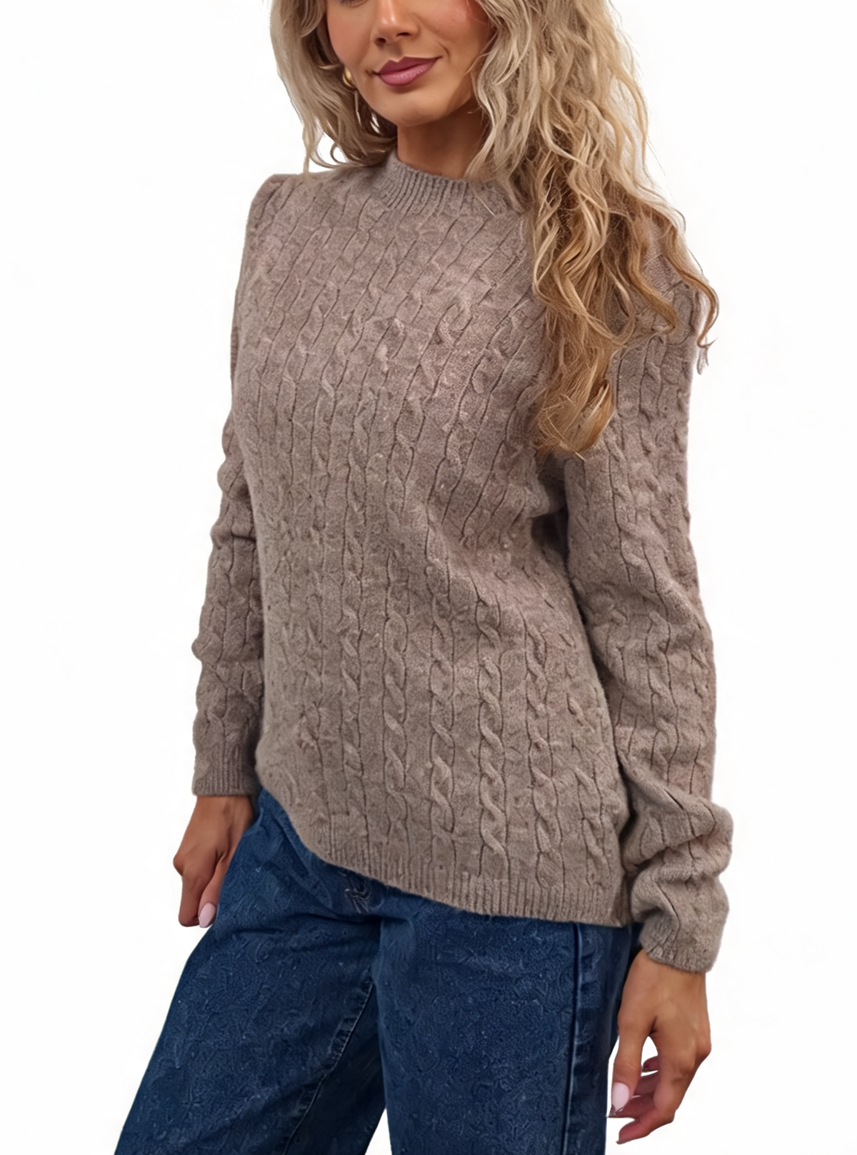 Light taupe cable-knit crew neck jumper with textured cable pattern and long sleeves