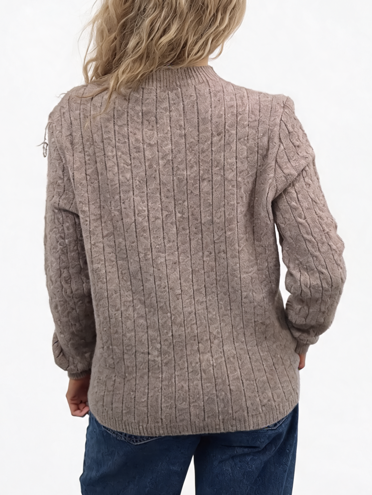 Taupe cable-knit crew neck jumper with long sleeves, ribbed cuffs and hem