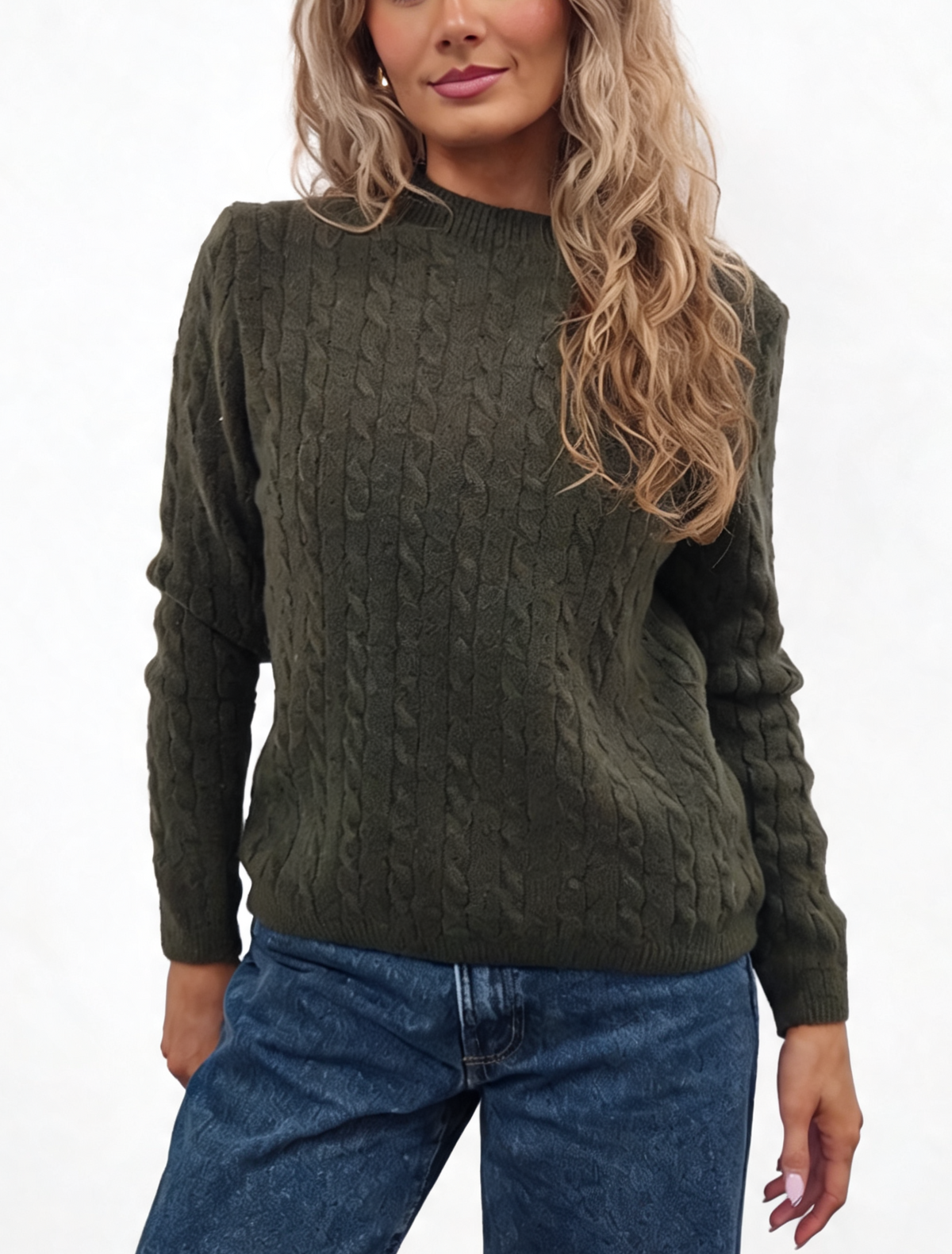 Dark olive cable-knit crew neck jumper with textured cable pattern and long sleeves