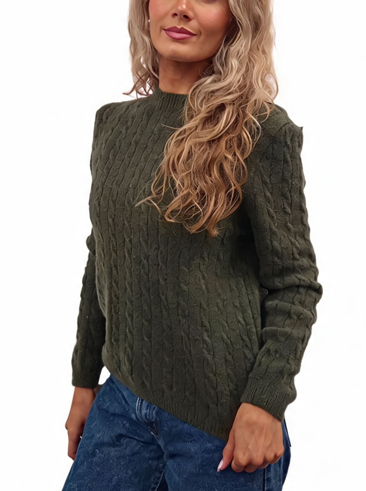 Olive cable-knit crew neck jumper with long sleeves, ribbed cuffs and hem