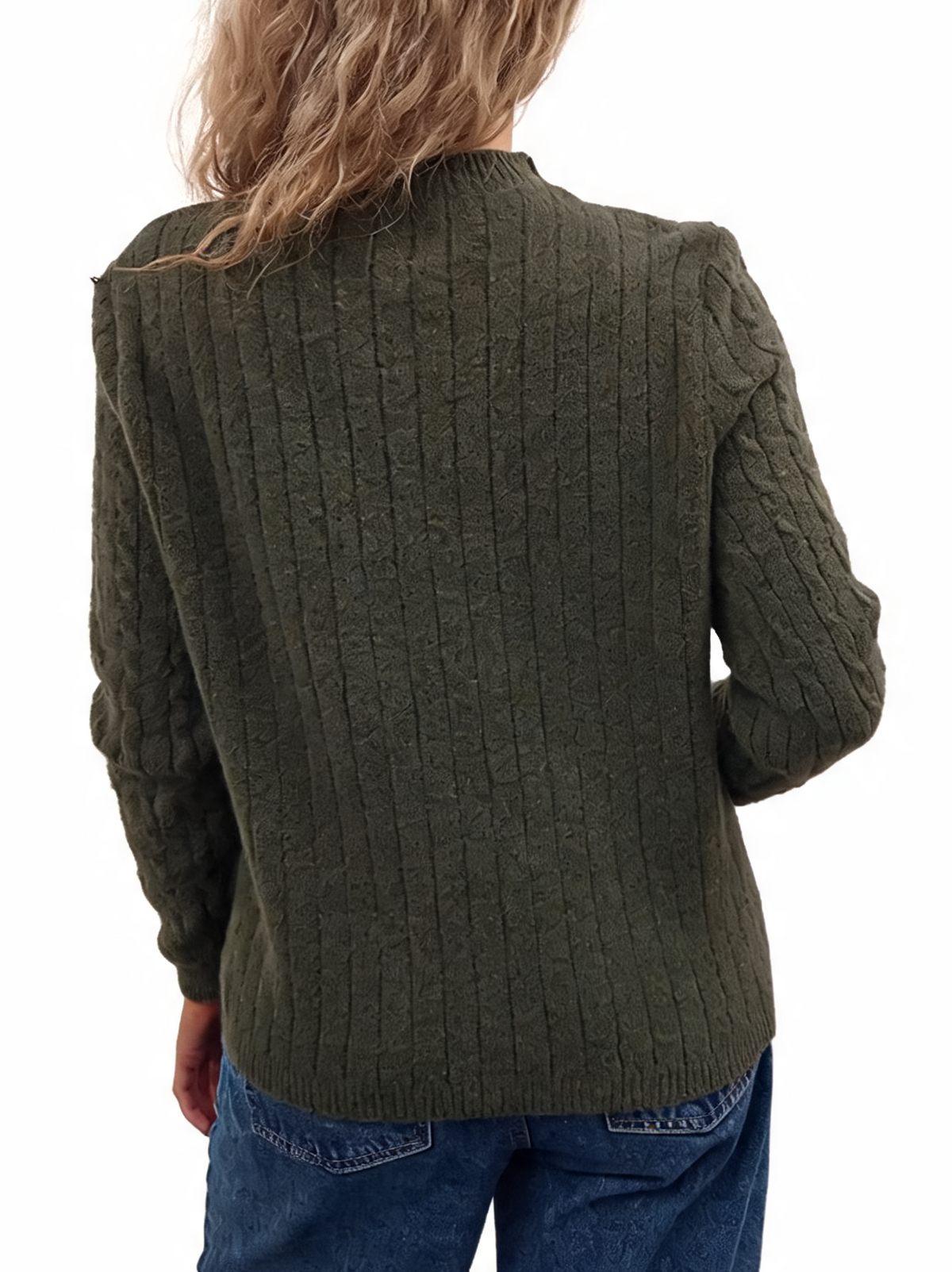 Dark olive cable-knit crew neck jumper, long sleeves with ribbed cuffs