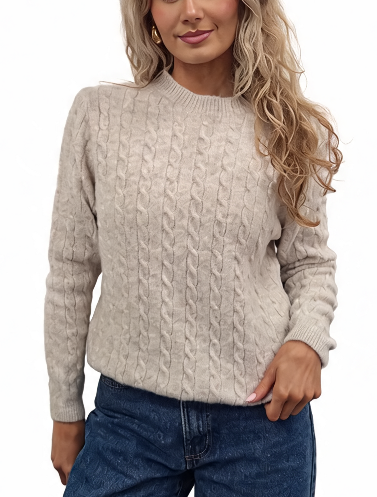 Beige cable-knit crew neck jumper with textured cable pattern and long sleeves