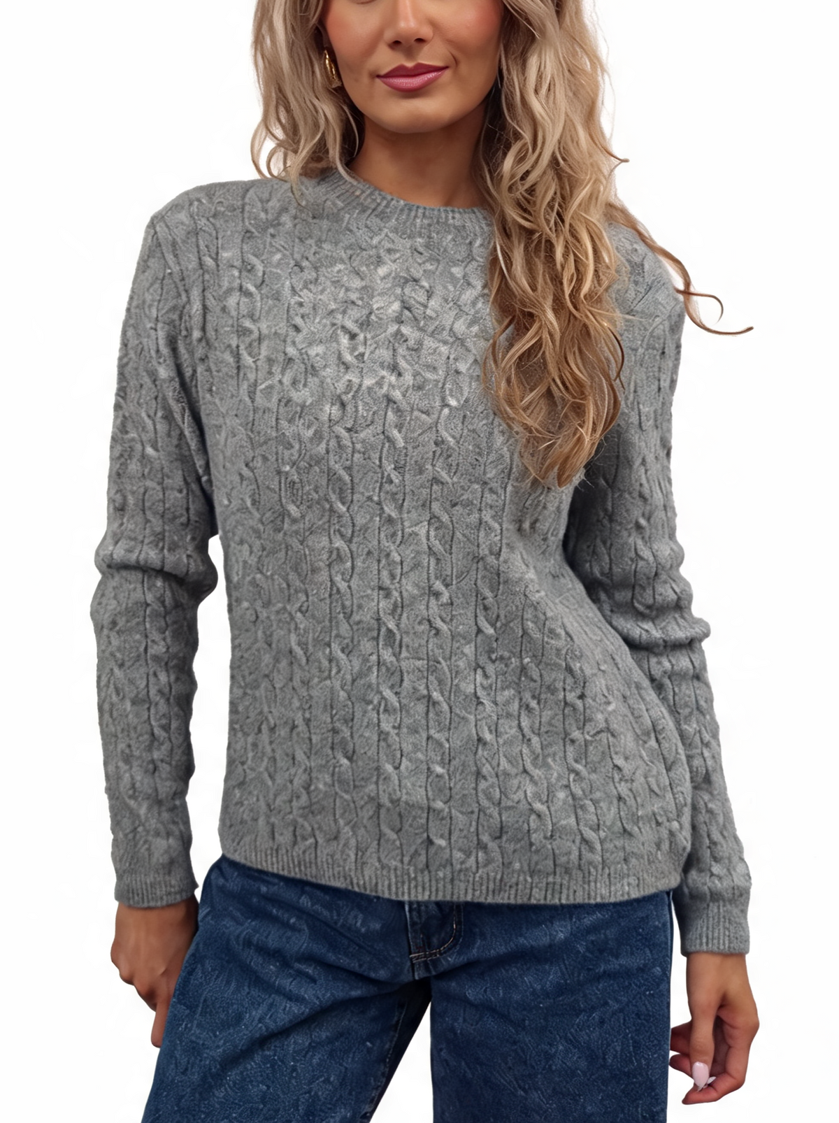 Grey cable-knit crew neck jumper with textured cable pattern and long sleeves