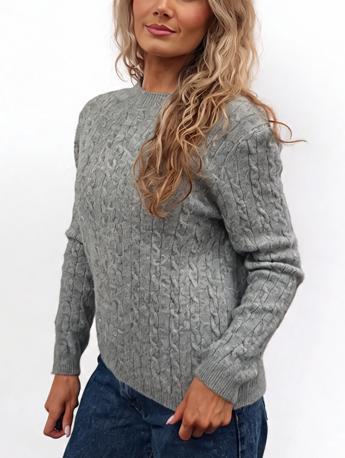 Grey cable-knit crew neck jumper with long sleeves, ribbed cuffs and hem