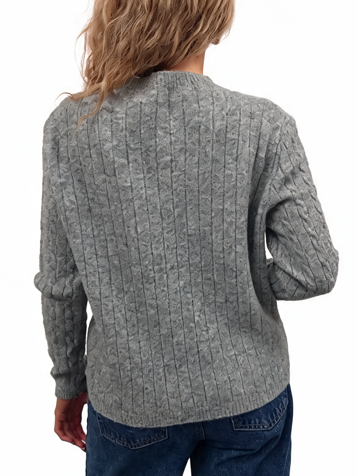 Light grey cable-knit crew neck jumper with long sleeves, ribbed cuffs