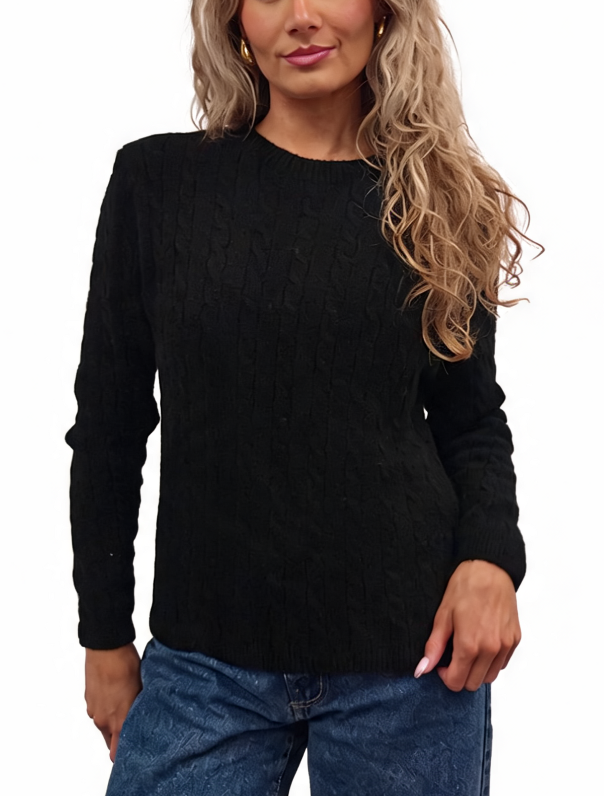 Black cable-knit crew neck jumper with textured cable pattern and long sleeves