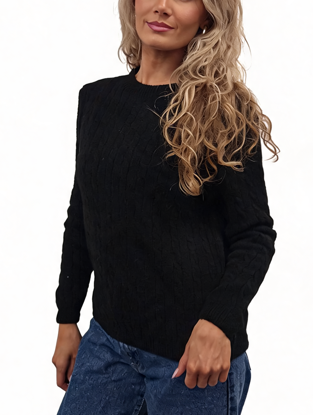 Black cable-knit crew neck jumper with long sleeves, ribbed cuffs and hem