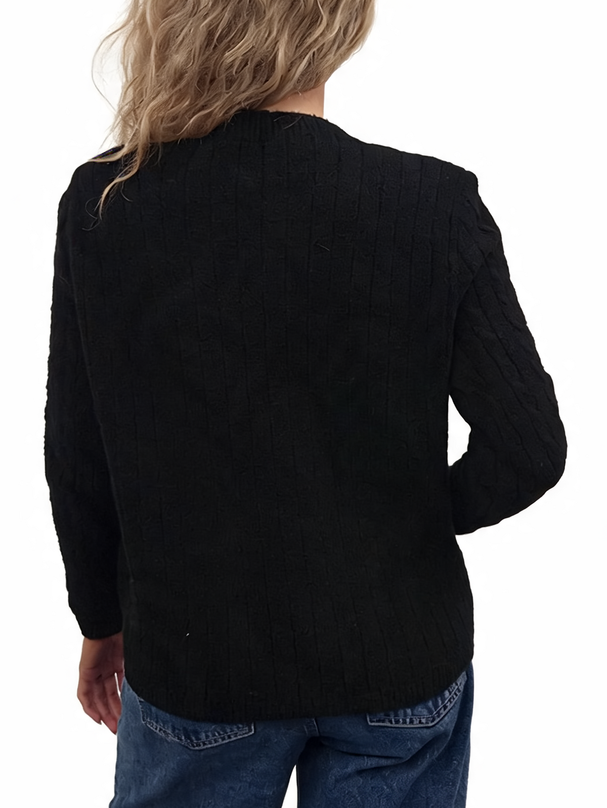 Black cable-knit crew neck jumper, long sleeves with ribbed cuffs