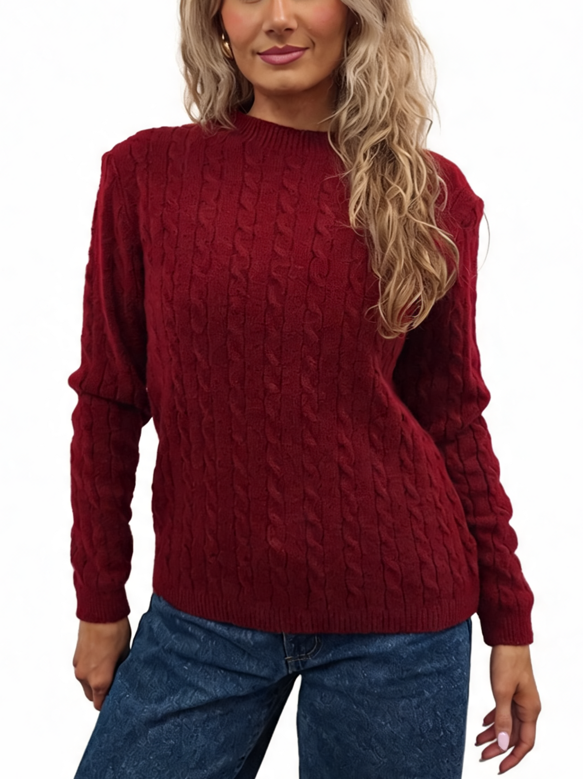 Burgundy cable-knit crew neck jumper with textured cable pattern and long sleeves