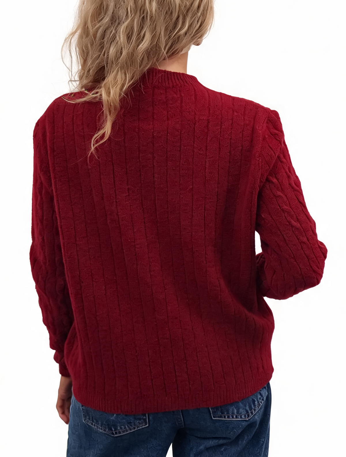 Burgundy cable-knit crew neck jumper with long sleeves, ribbed cuffs and hem