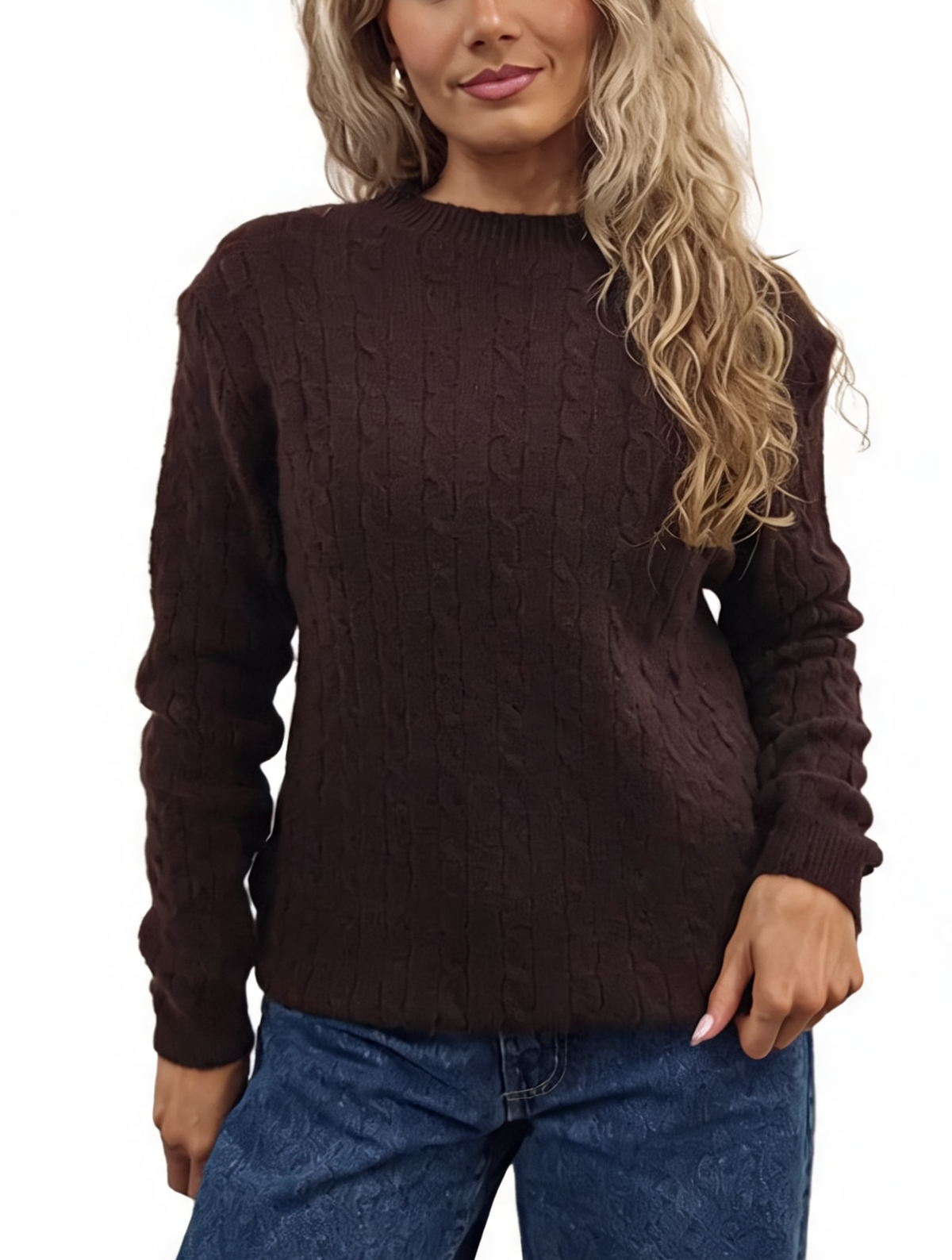 Brown cable-knit crew neck jumper with textured cable pattern and long sleeves