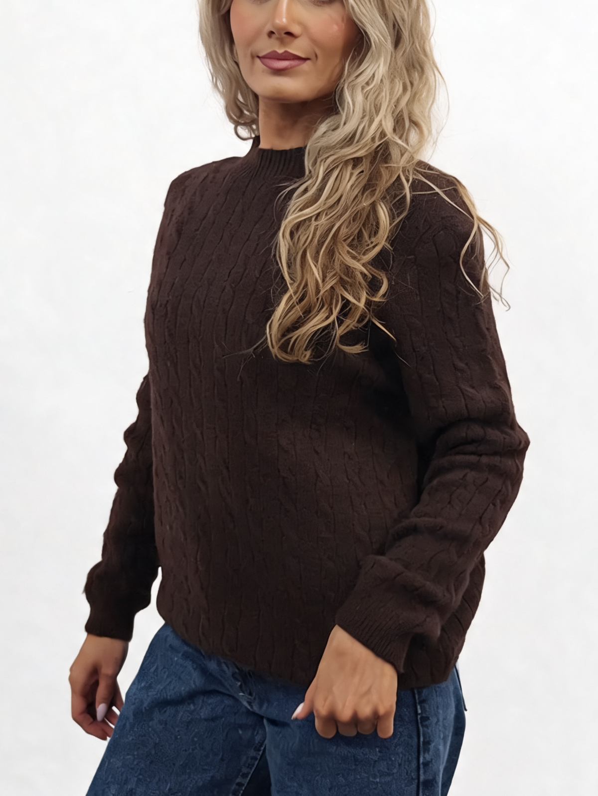 Burgundy cable-knit crew neck jumper with long sleeves and textured cable pattern