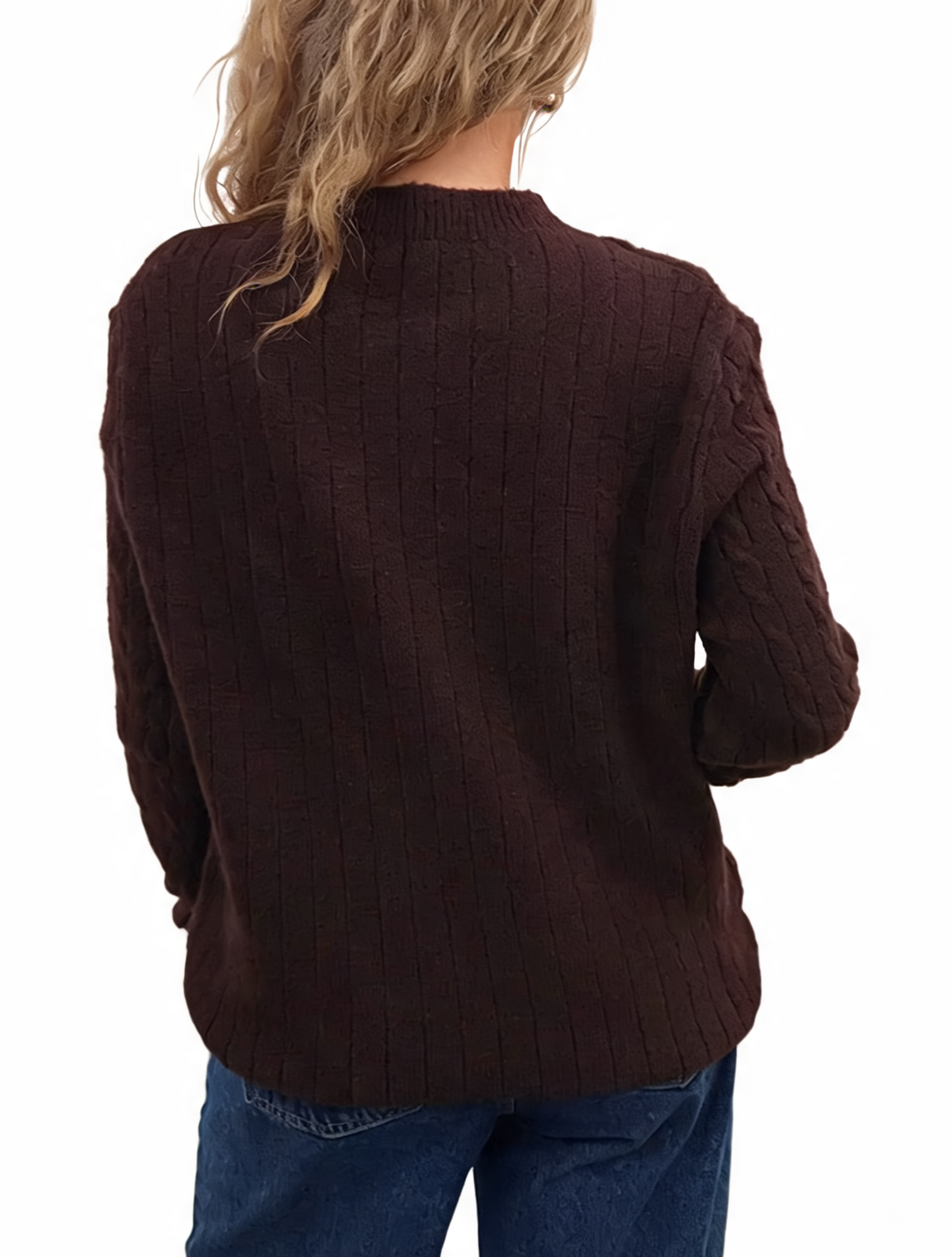 Dark brown cable-knit crew neck jumper, back view with textured cable stitch detail