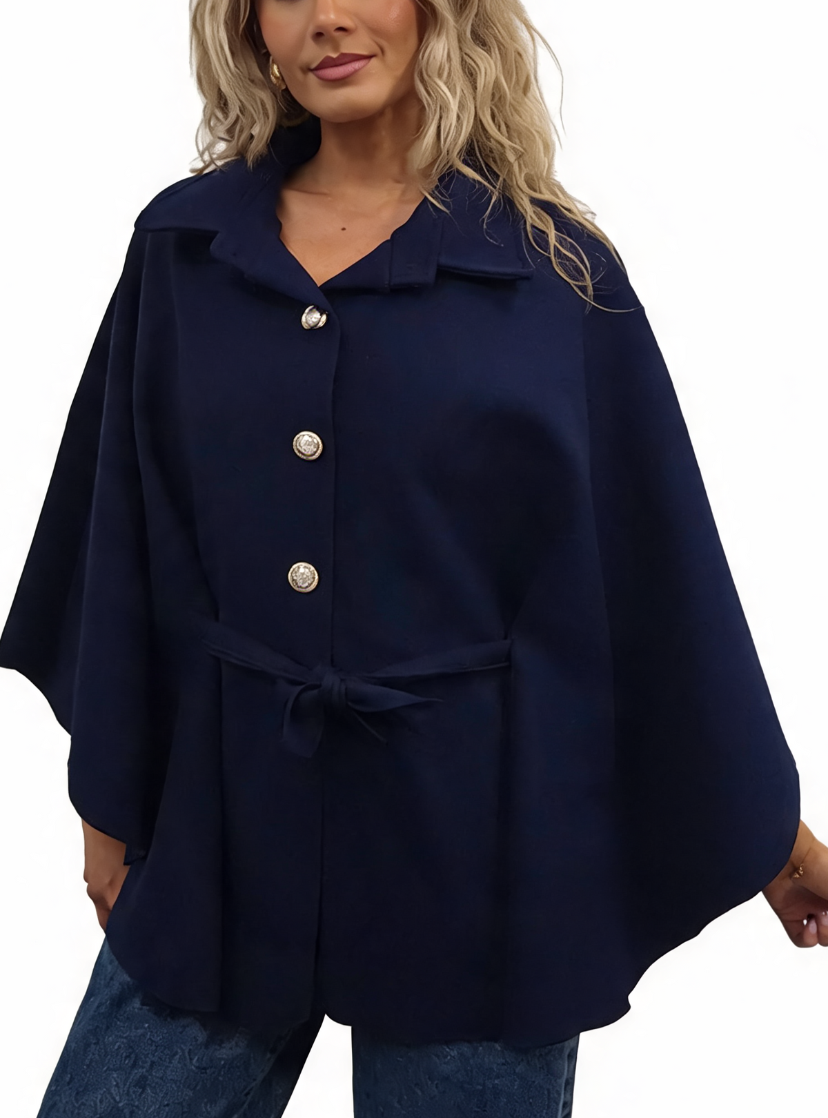 Women’s navy button-up wrap cape poncho with collar and tie waist belt