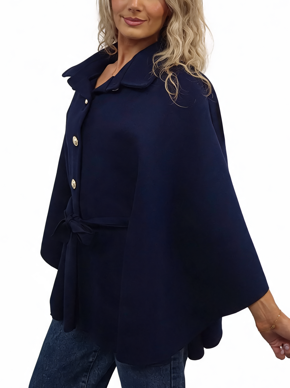 Women’s navy button-up wrap cape poncho with collar and tie waist belt