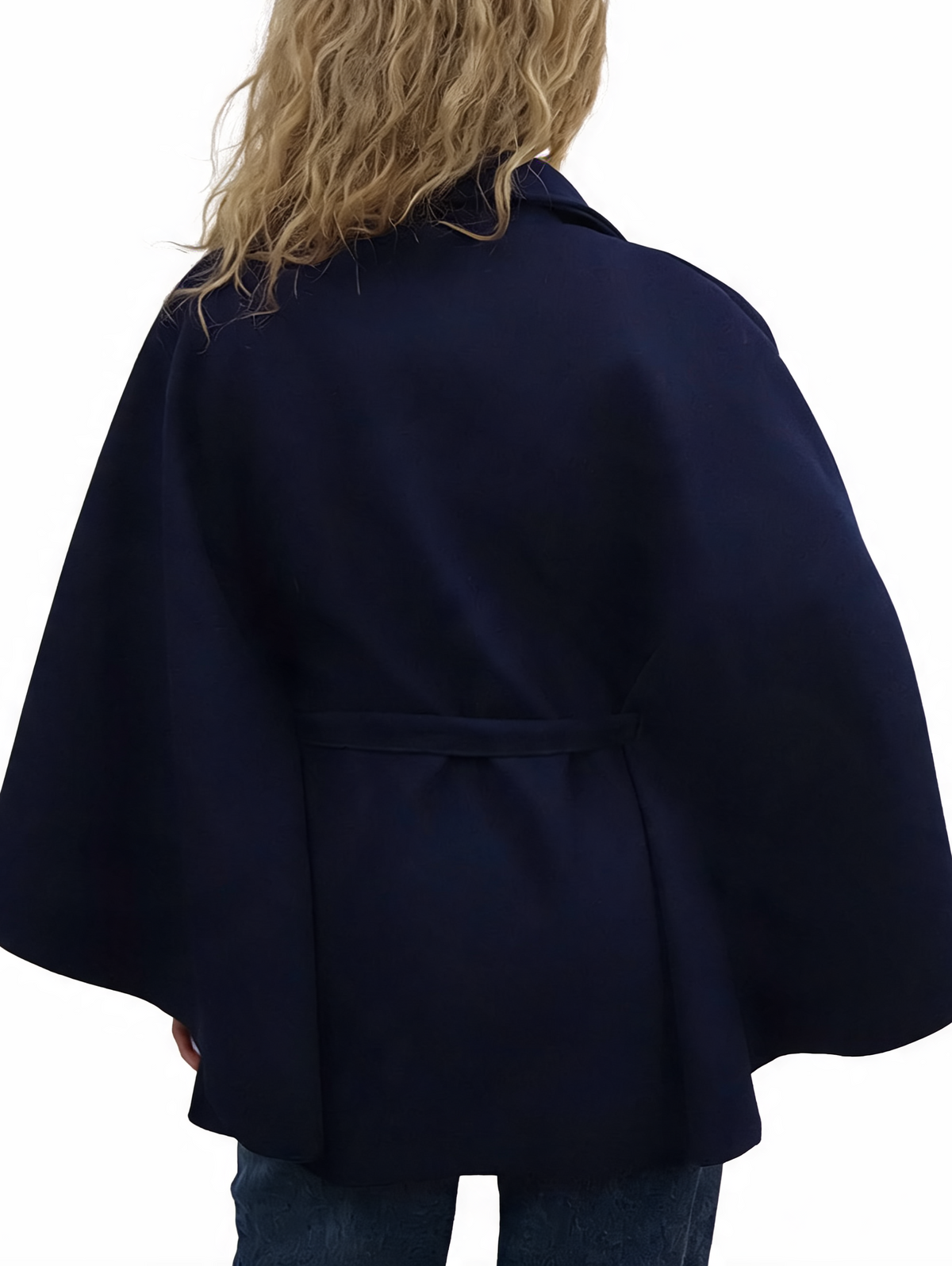Women’s navy button-up cape poncho with tie waist, shown from the back