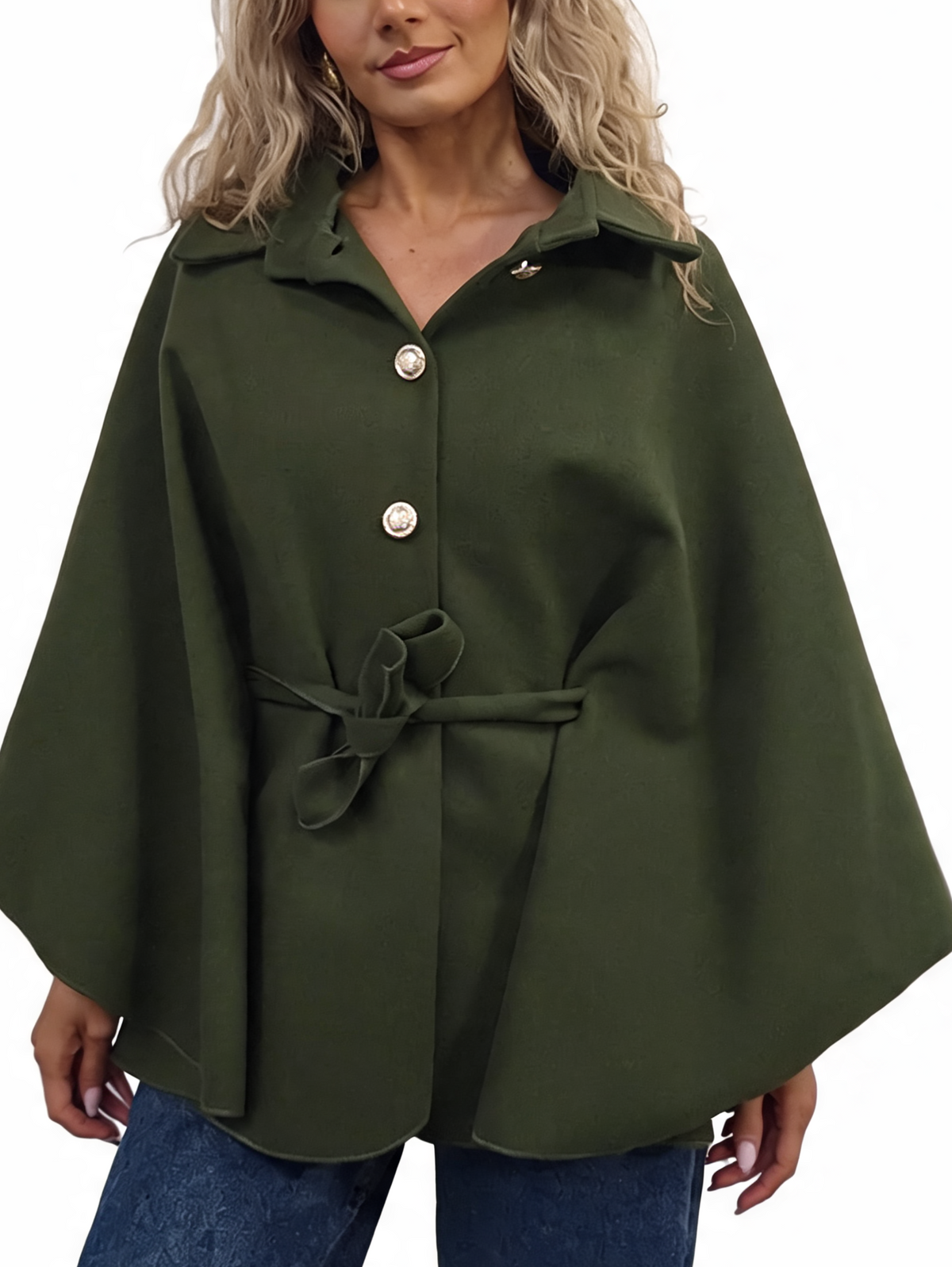 Women’s olive green button-up wrap cape poncho with collar and tie waist belt