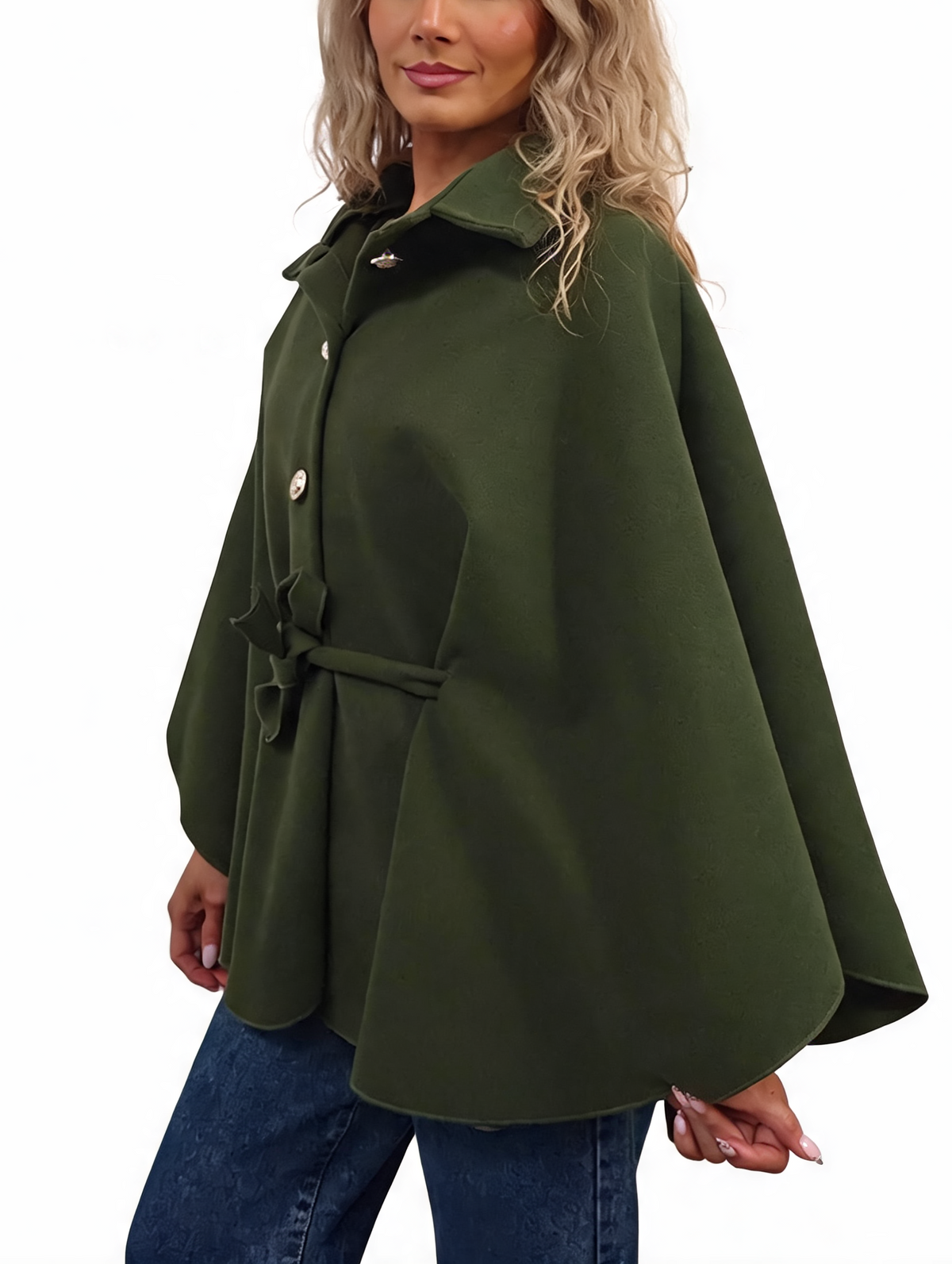 Women’s olive green button-up wrap cape poncho with collar and tie waist belt