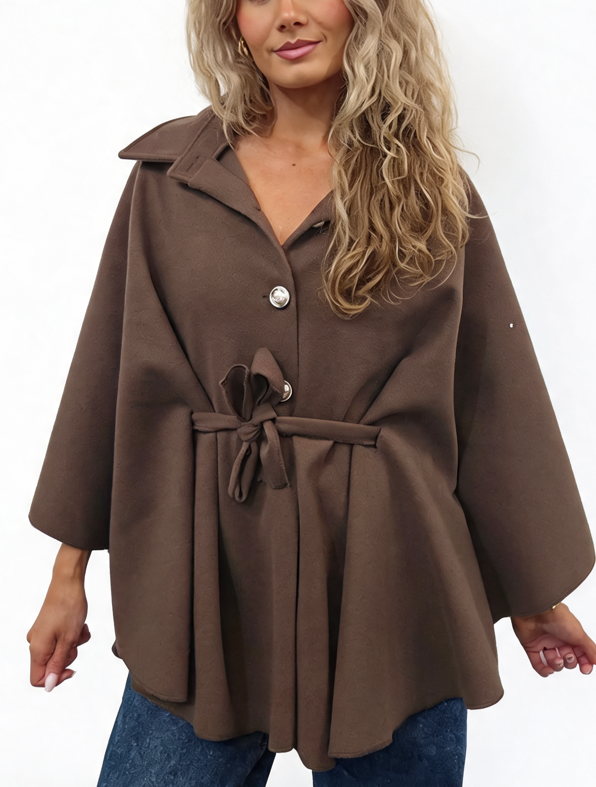 Women’s mocha brown button-up wrap cape poncho with collar and tie waist belt